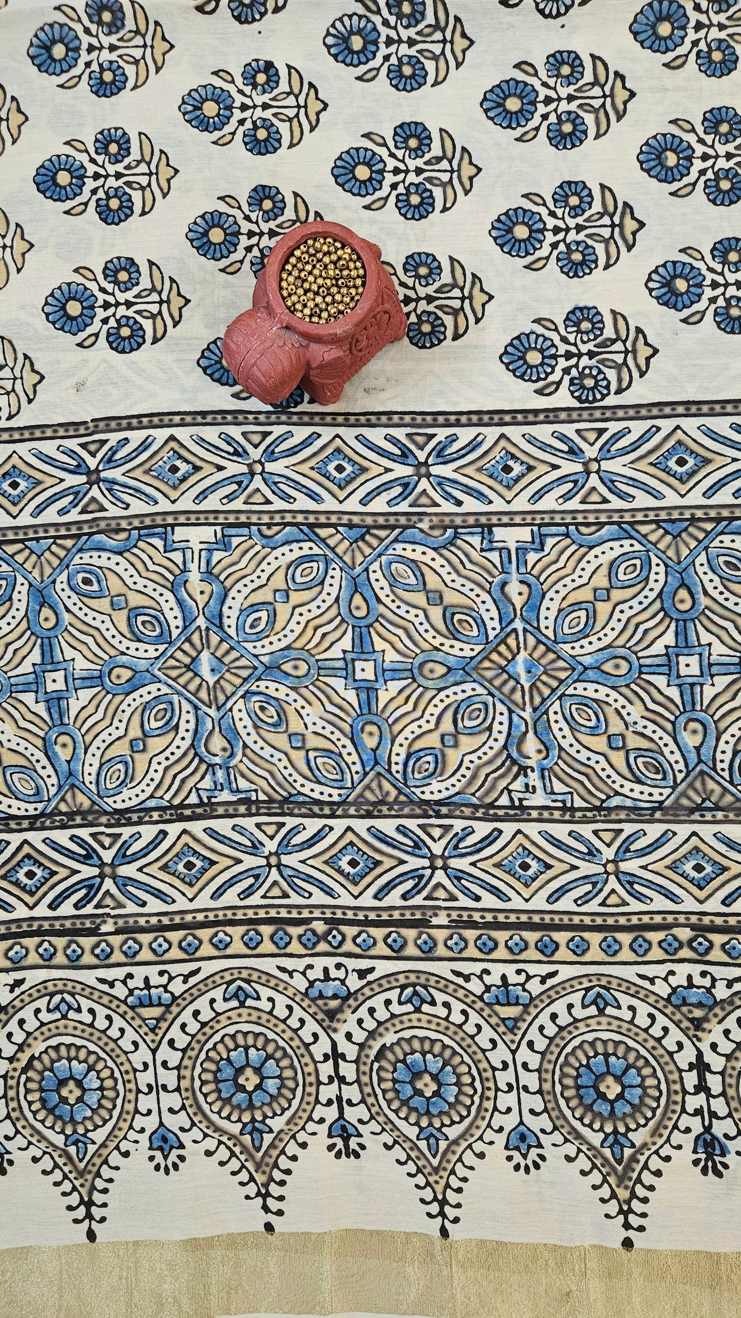 Beige'n'blue ajrakh print Chanderi cotton silk suit