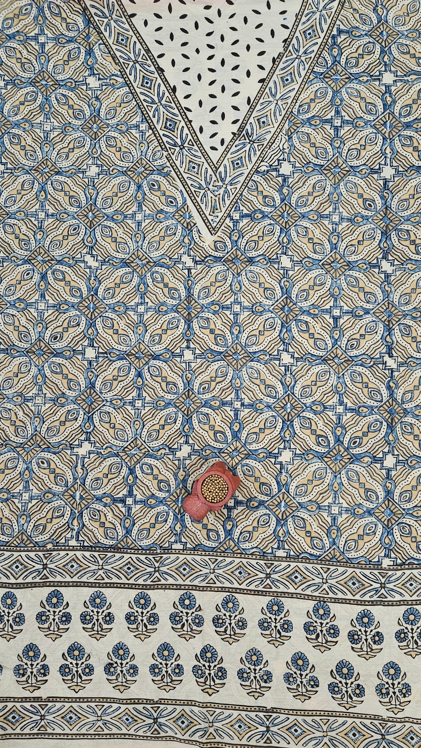 Beige'n'blue ajrakh print Chanderi cotton silk suit