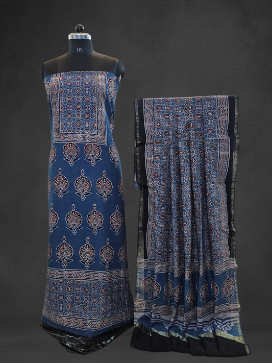 Blue maroon'n'black ajrakh print Chanderi suit