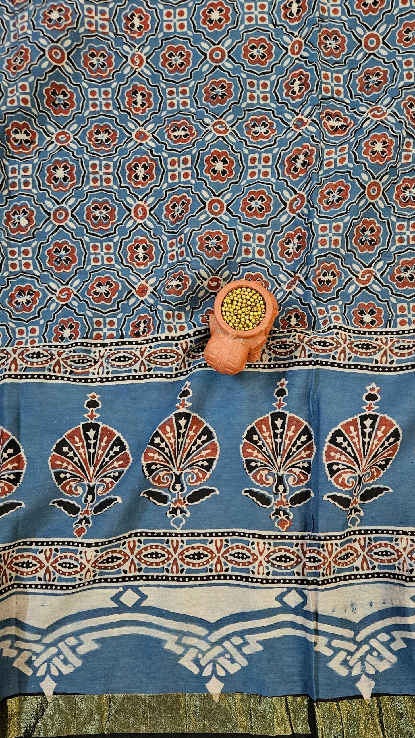 Blue maroon'n'black ajrakh print Chanderi suit