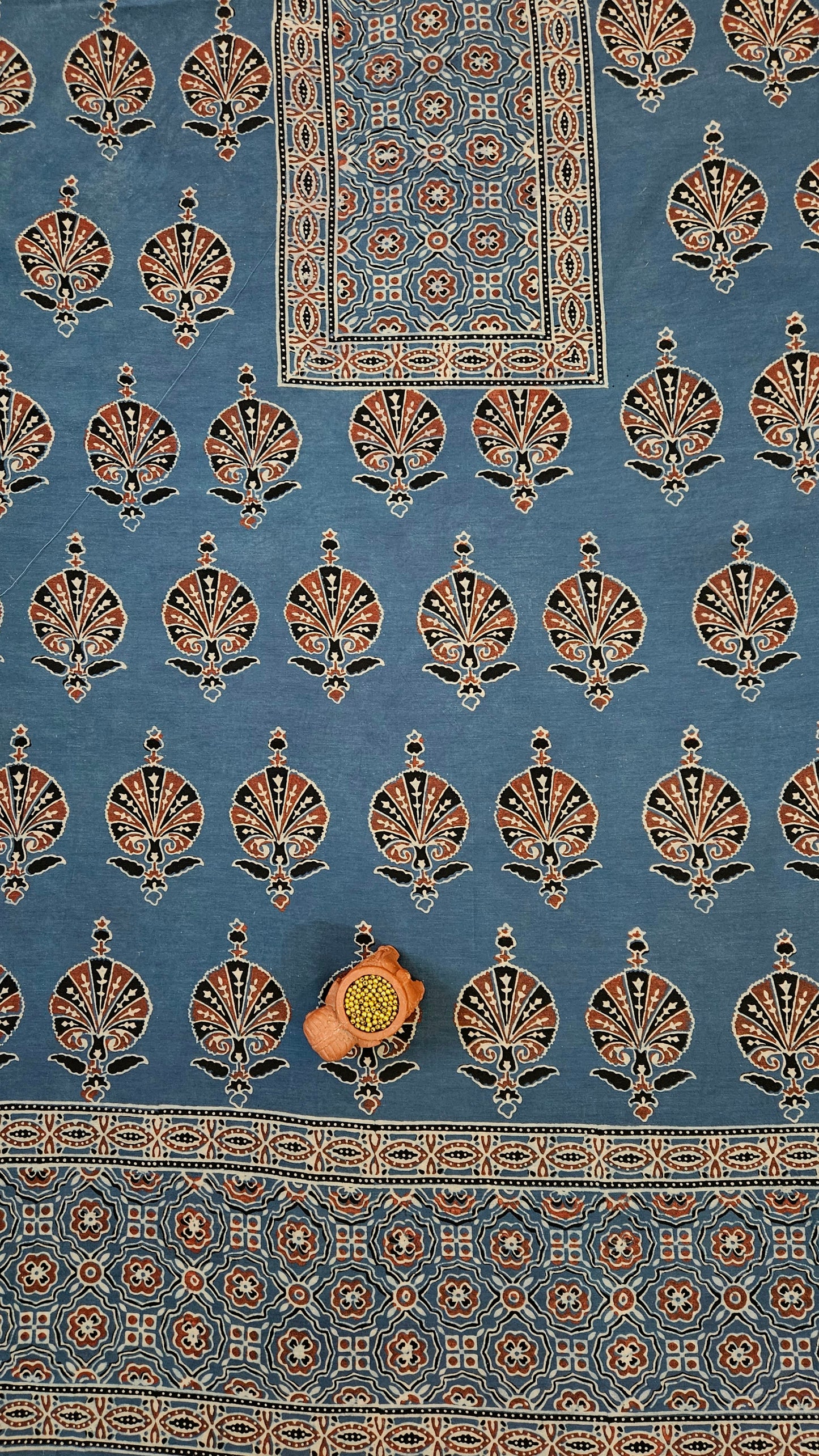 Blue maroon'n'black ajrakh print Chanderi suit