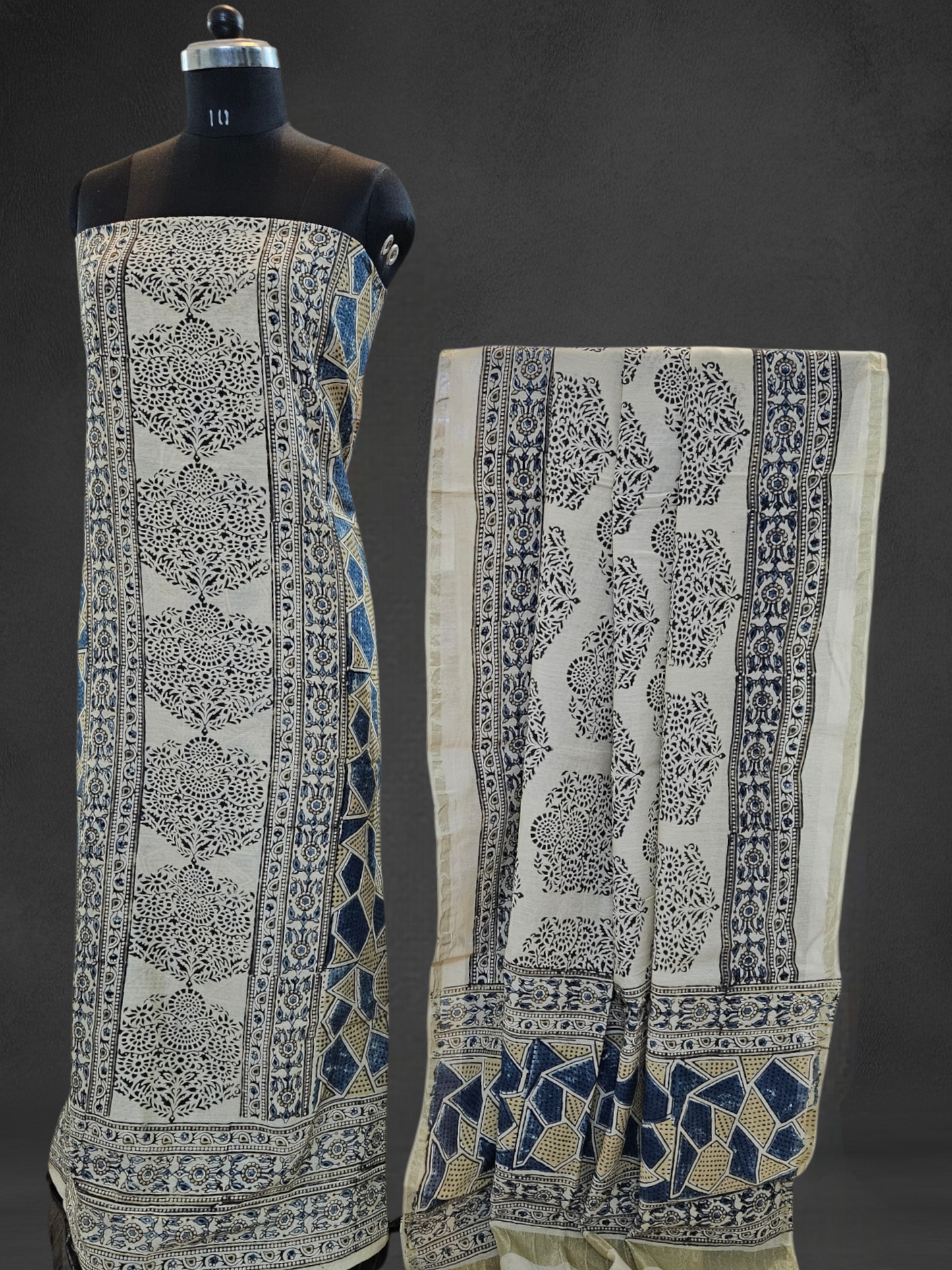 Beige mustard'n'blue front panel ajrakh print Chanderi suit