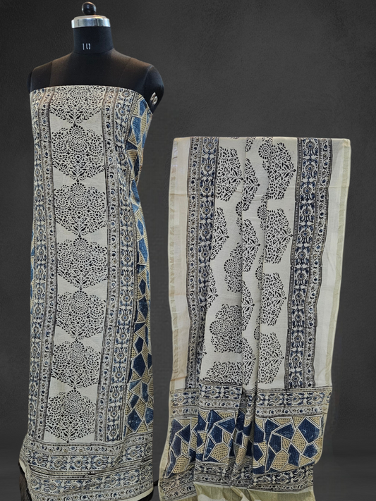 Beige mustard'n'blue front panel ajrakh print Chanderi suit