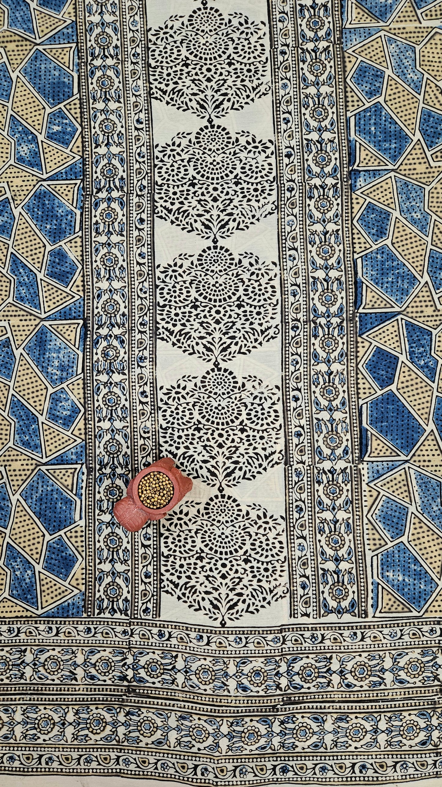 Beige mustard'n'blue front panel ajrakh print Chanderi suit