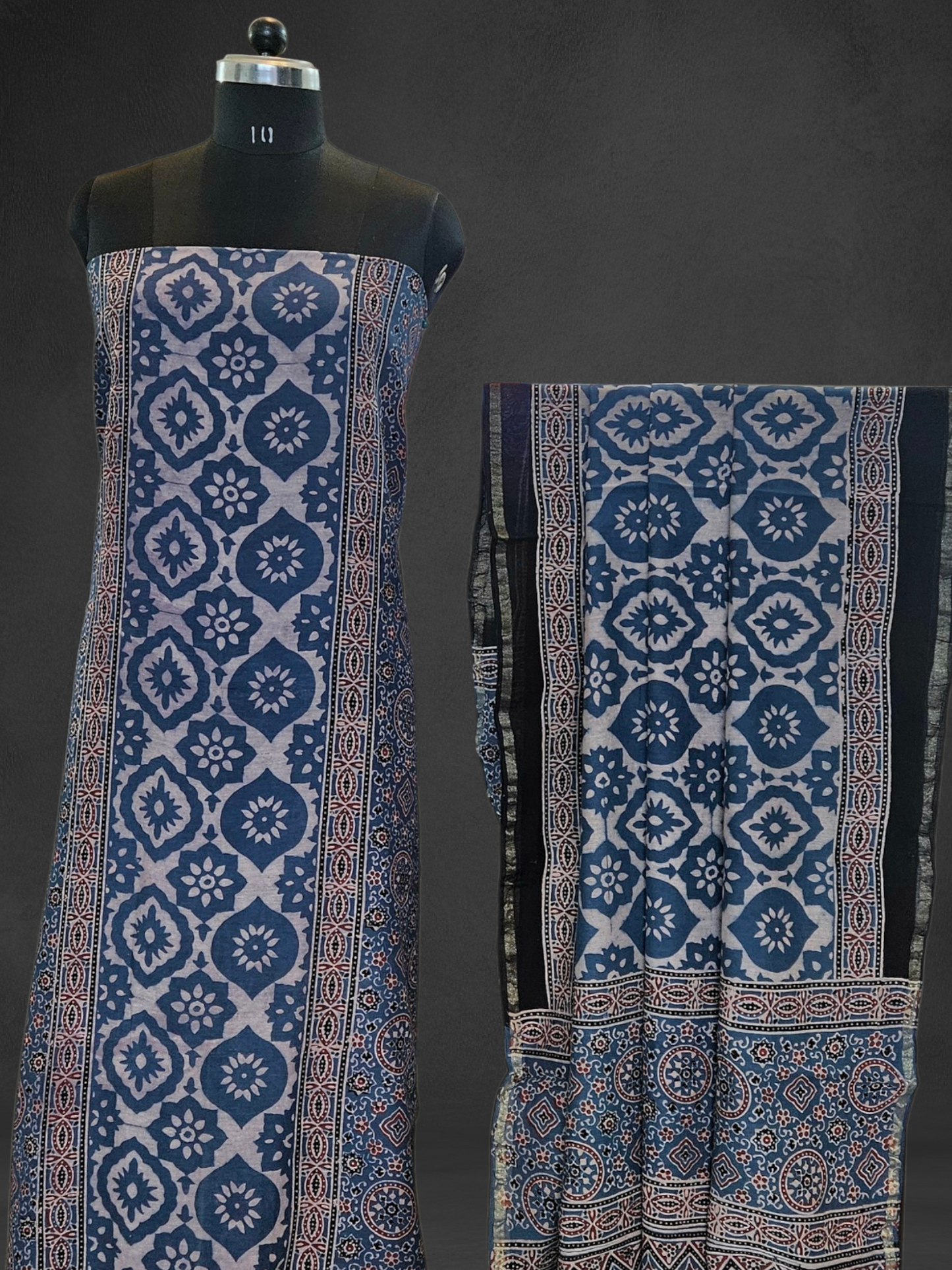 Blue'n'white ajrakh print  Chanderi suit