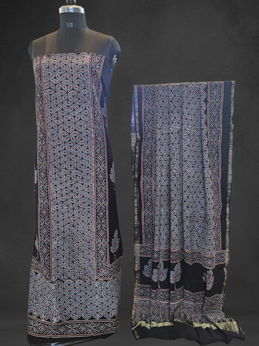 Black maroon'n'blue ajrakh print Chanderi suit