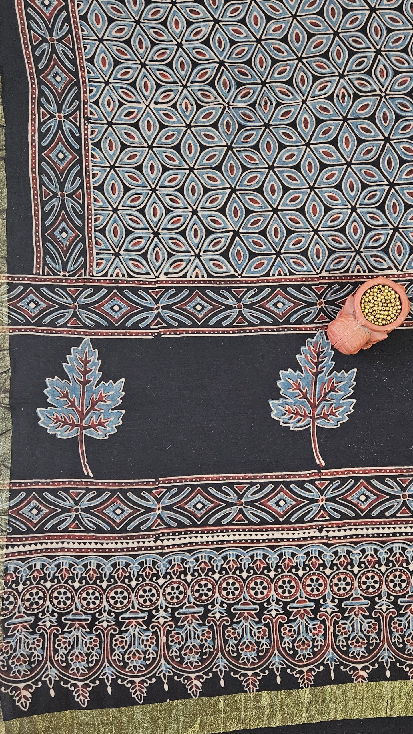 Black maroon'n'blue ajrakh print Chanderi suit