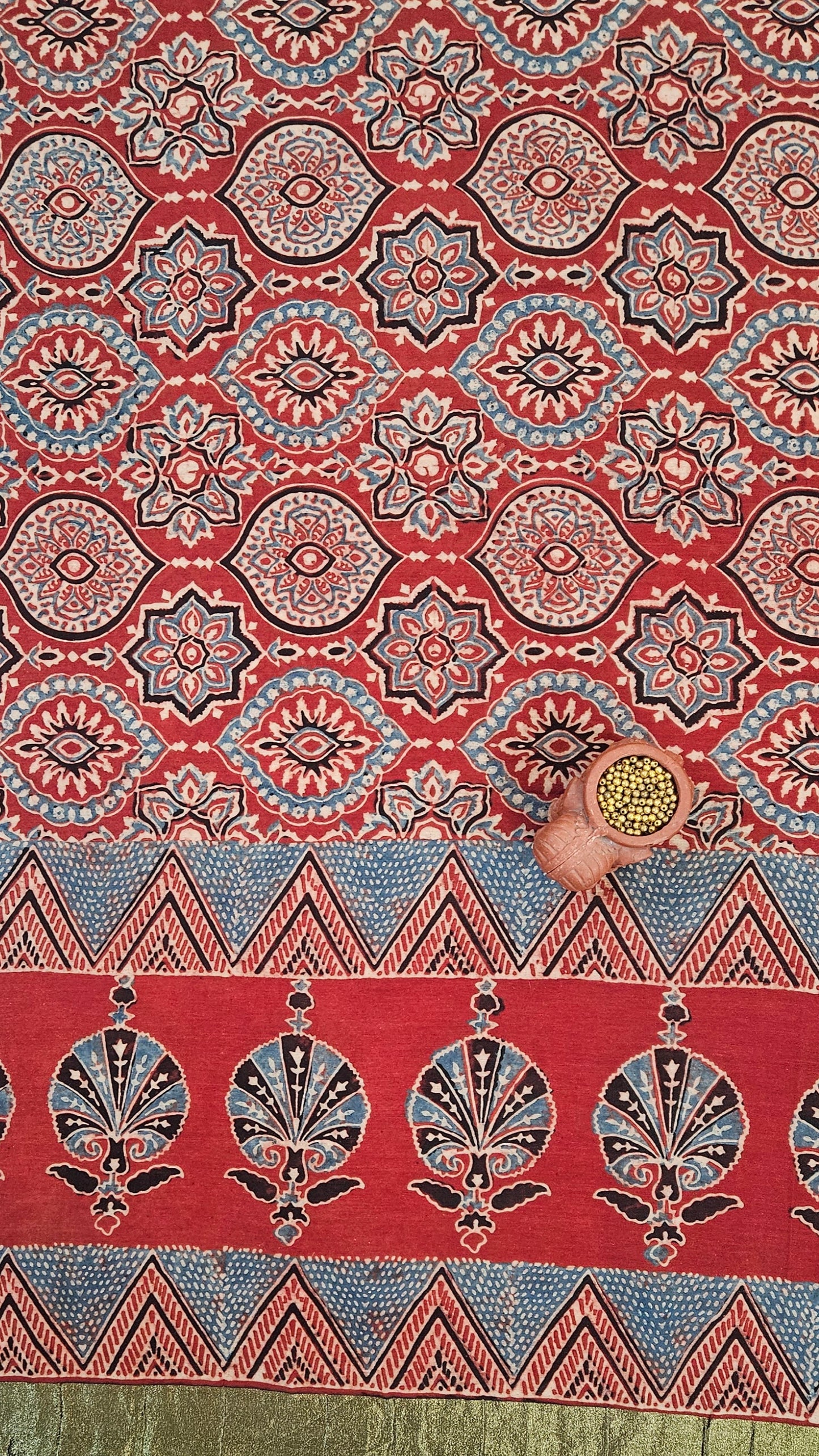 Red blue'n'black ajrakh print Chanderi suit