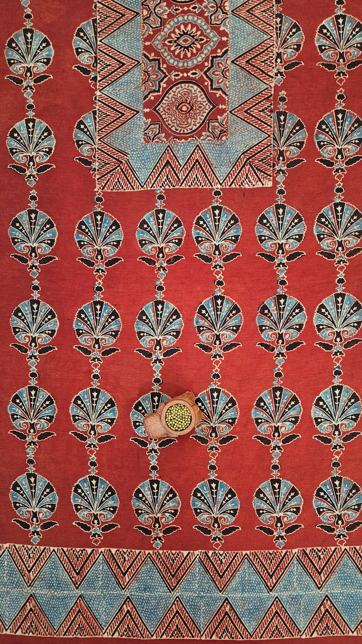 Red blue'n'black ajrakh print Chanderi suit
