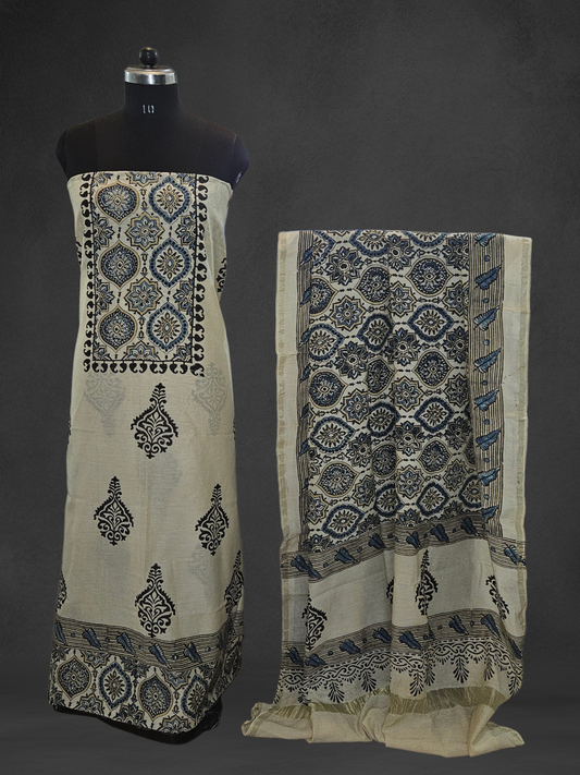 Beige'n'black ajrakh print Chanderi cotton silk suit