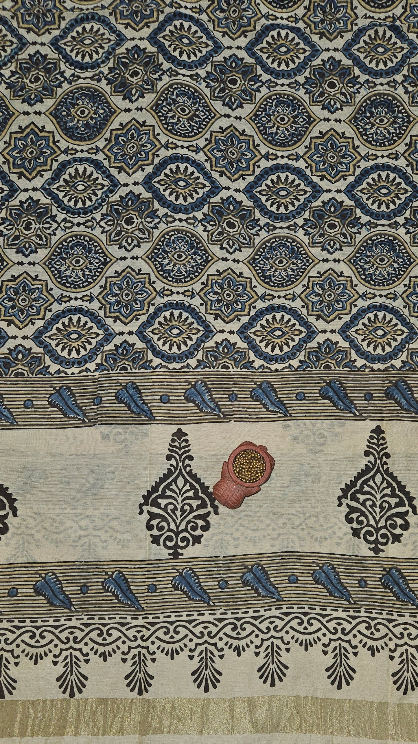 Beige'n'black ajrakh print Chanderi cotton silk suit