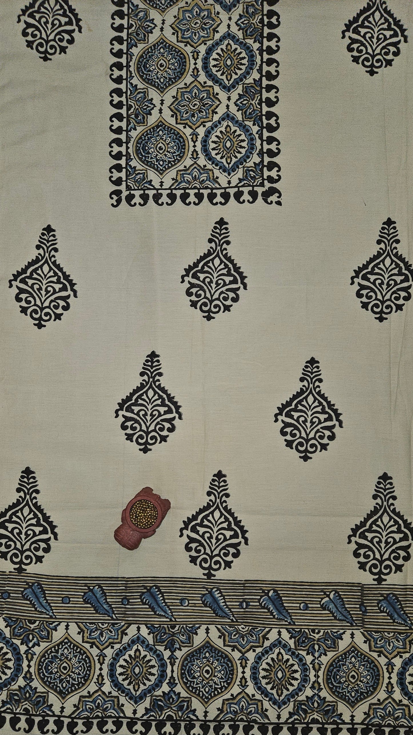 Beige'n'black ajrakh print Chanderi cotton silk suit