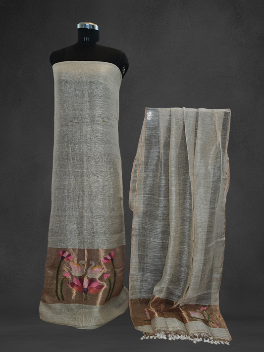 Off white Linen,silk'n'tissue jamdani handloom suit material