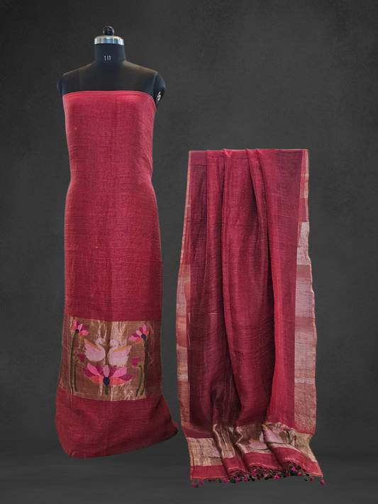 Brick Red Linen,silk'n'tissue handloom jamdani suit material