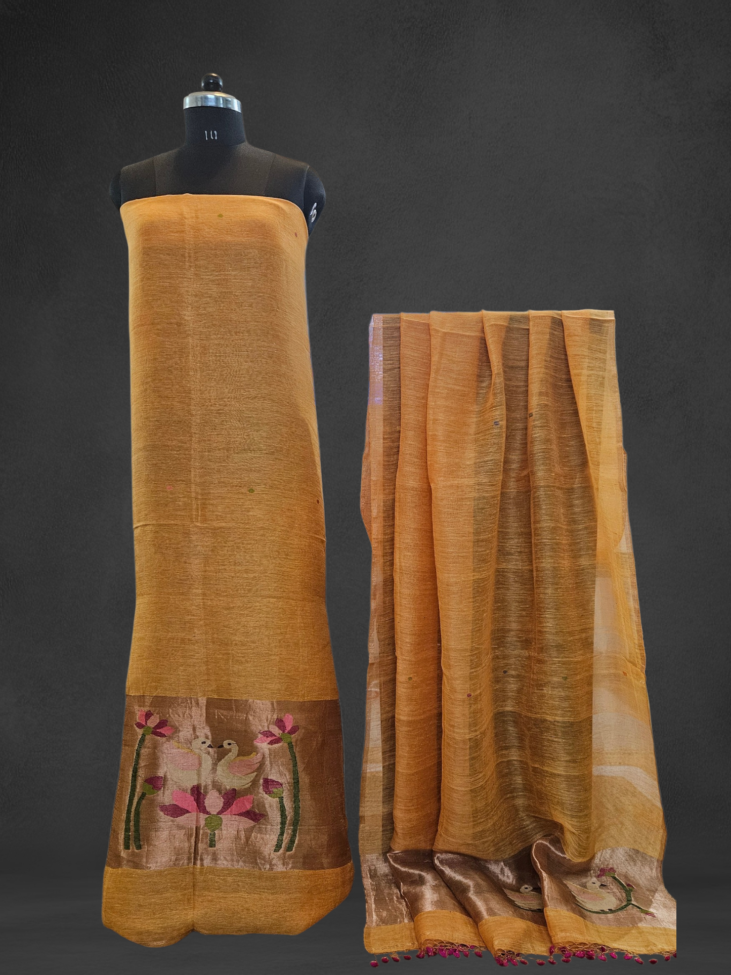 Mustard yellow Linen,Silk'n'tissue handloom jamdani suit