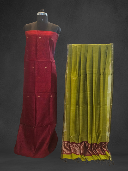 Red'n'mehandi green handloom maheshwari suit