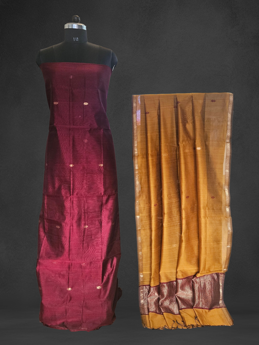 Maroon'n'mustard yellow handloom maheshwari suit