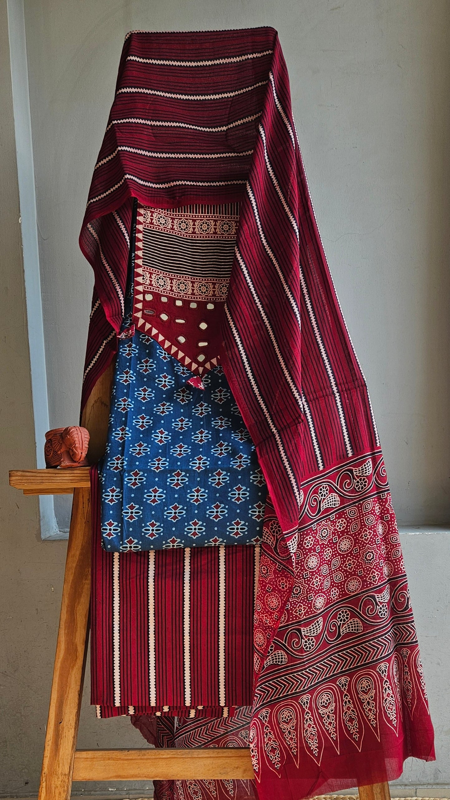 Indigo'n'maroon ajrakh print cotton suit with Mul cotton dupatta
