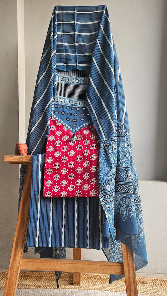 Red'n'indgo ajrakh print cotton suit with Mul cotton dupatta