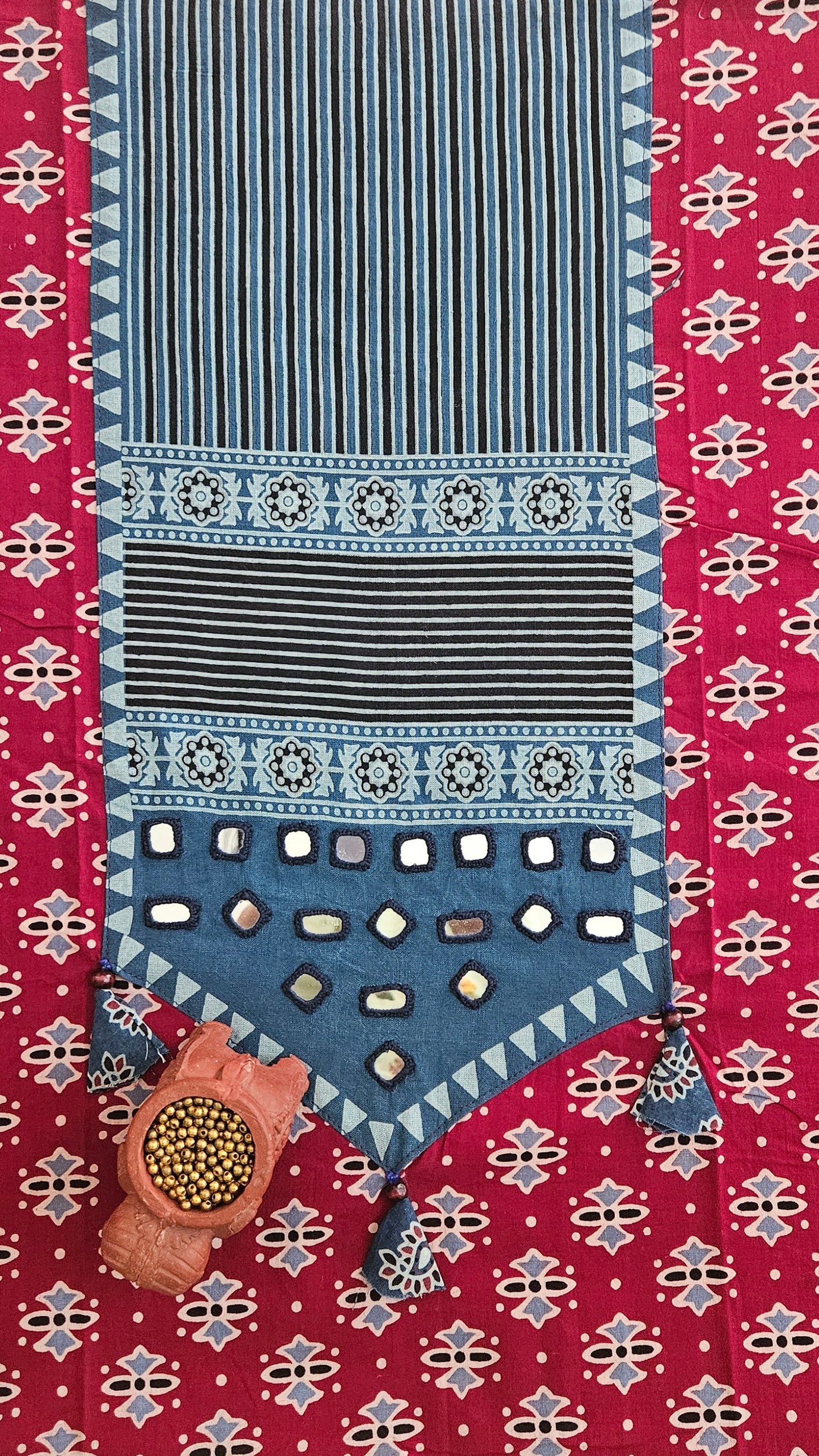 Red'n'indgo ajrakh print cotton suit with Mul cotton dupatta