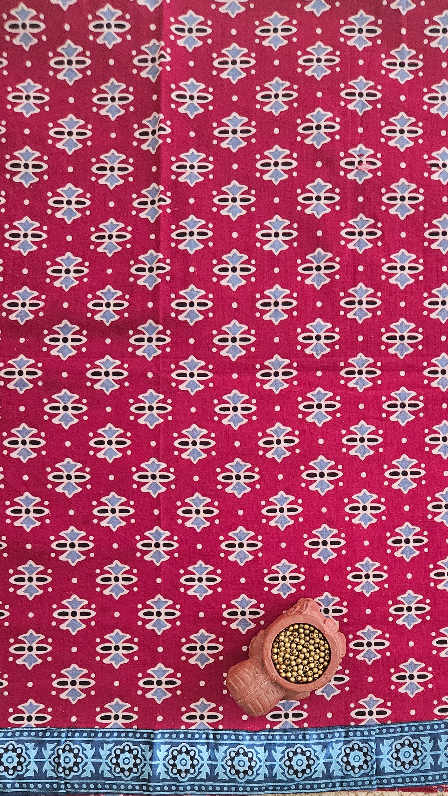 Red'n'indgo ajrakh print cotton suit with Mul cotton dupatta