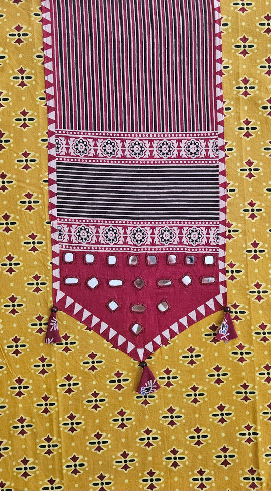 Mustard yellow'n'maroon ajrakh print cotton suit material with neck yoke