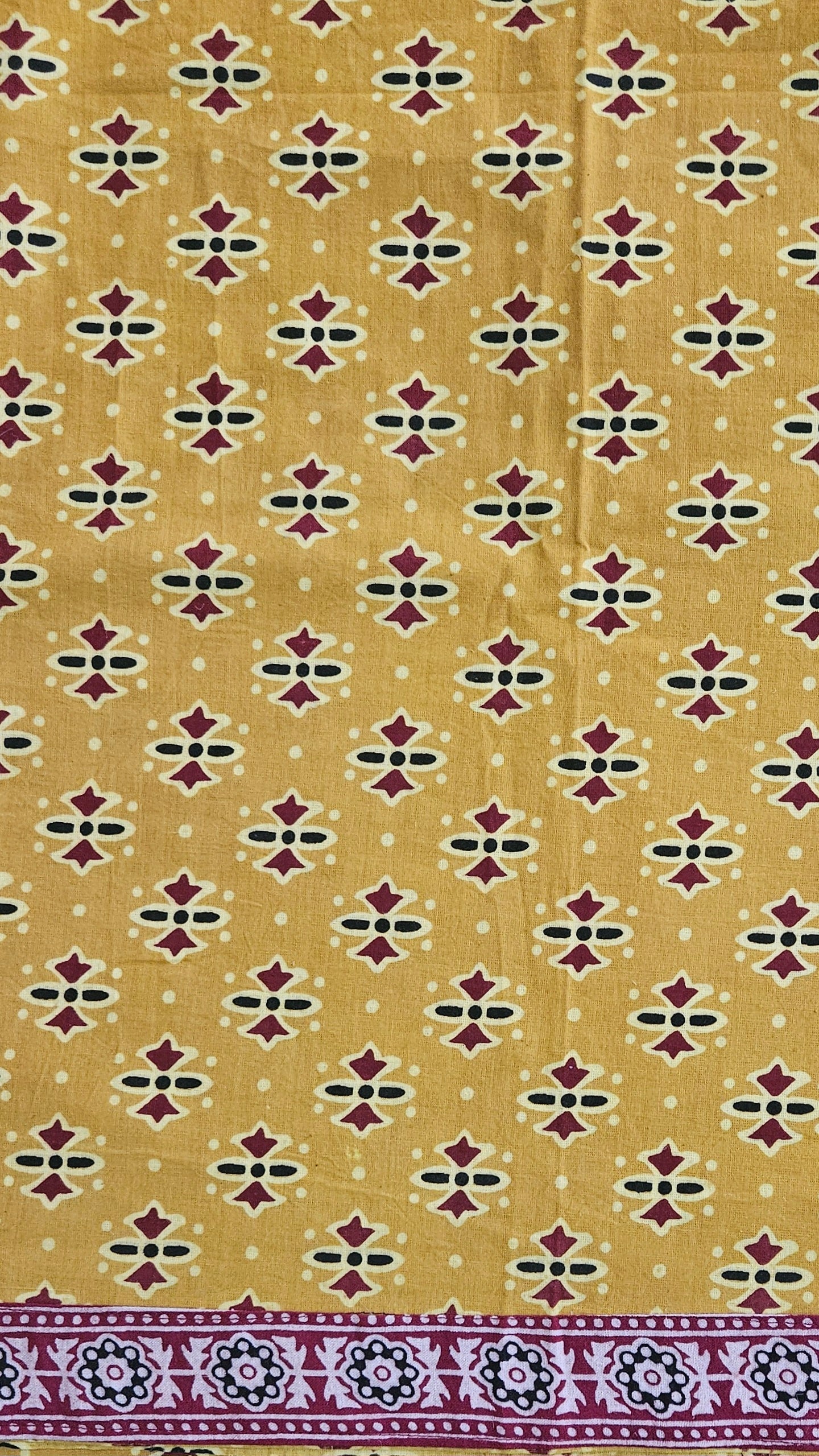 Mustard yellow'n'maroon ajrakh print cotton suit material with neck yoke