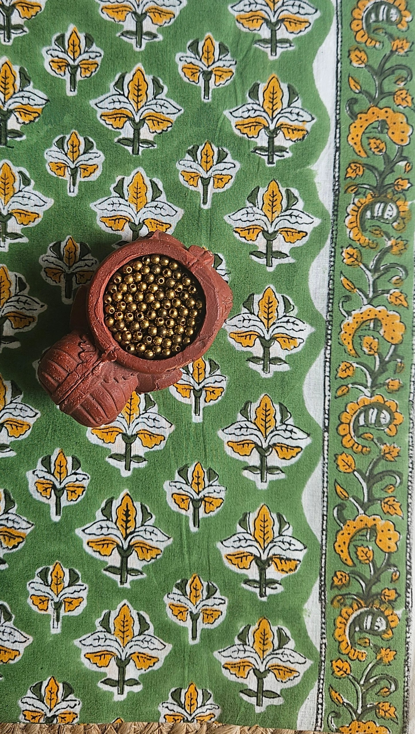 Green'n'white block print cotton suit with kota-doria dupatta