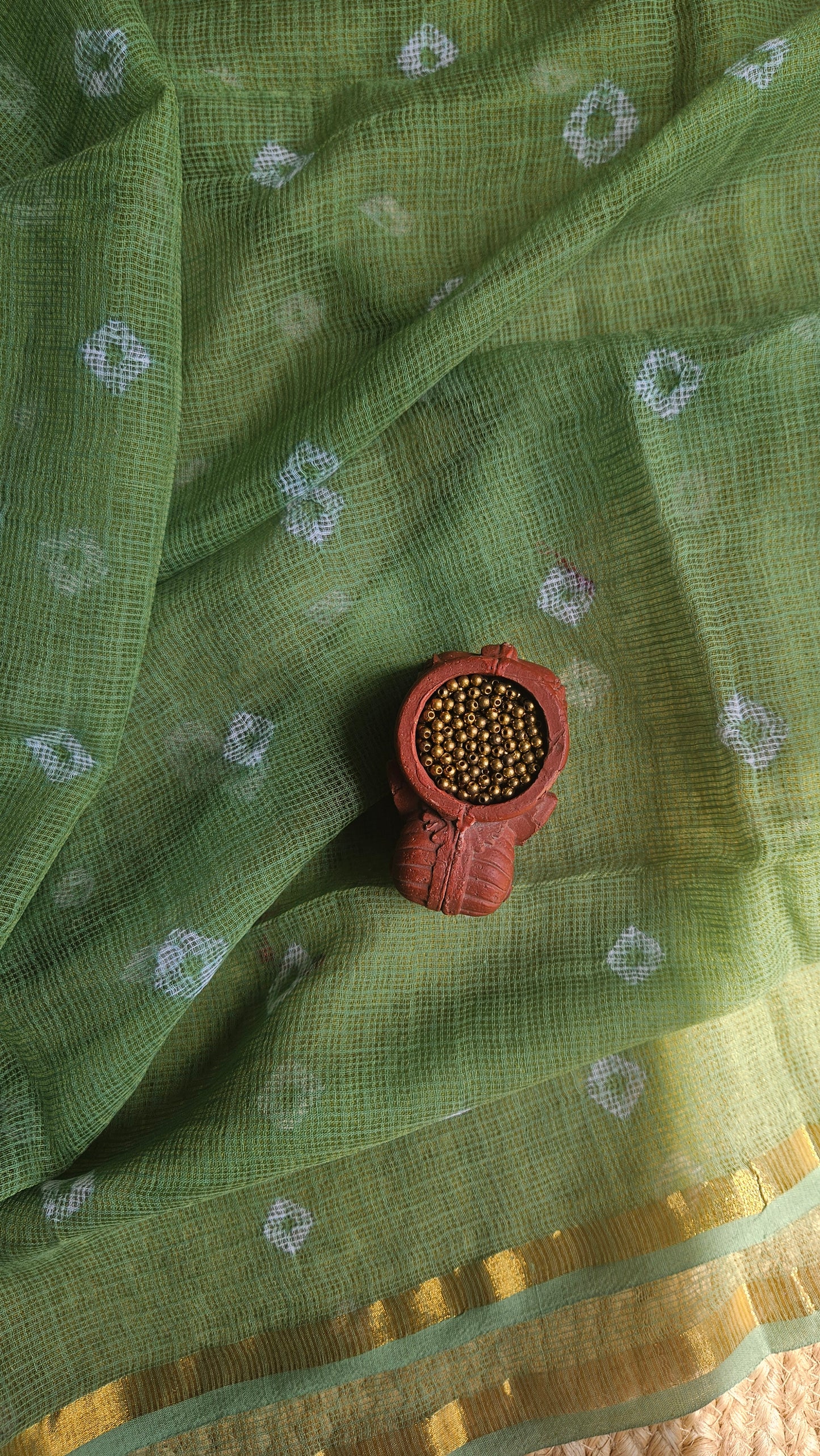 Green'n'white block print cotton suit with kota-doria dupatta