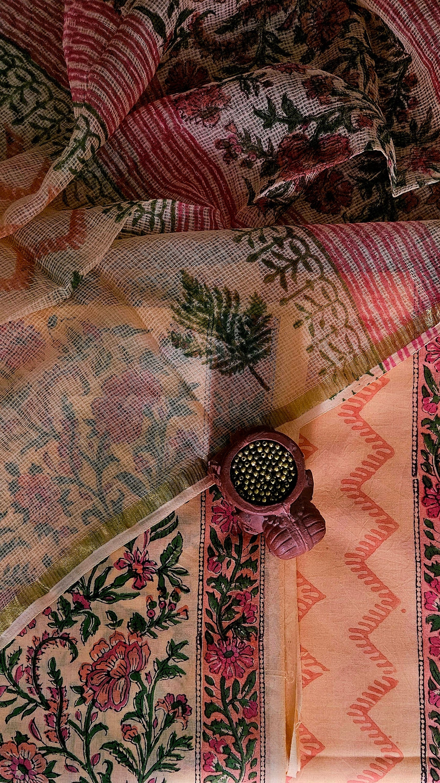 Peach'n'orange hand block print cotton suit with kota-doria dupatta