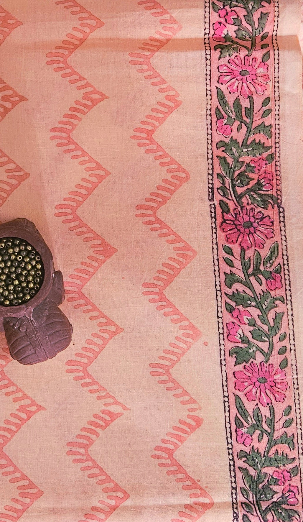Peach'n'orange hand block print cotton suit with kota-doria dupatta