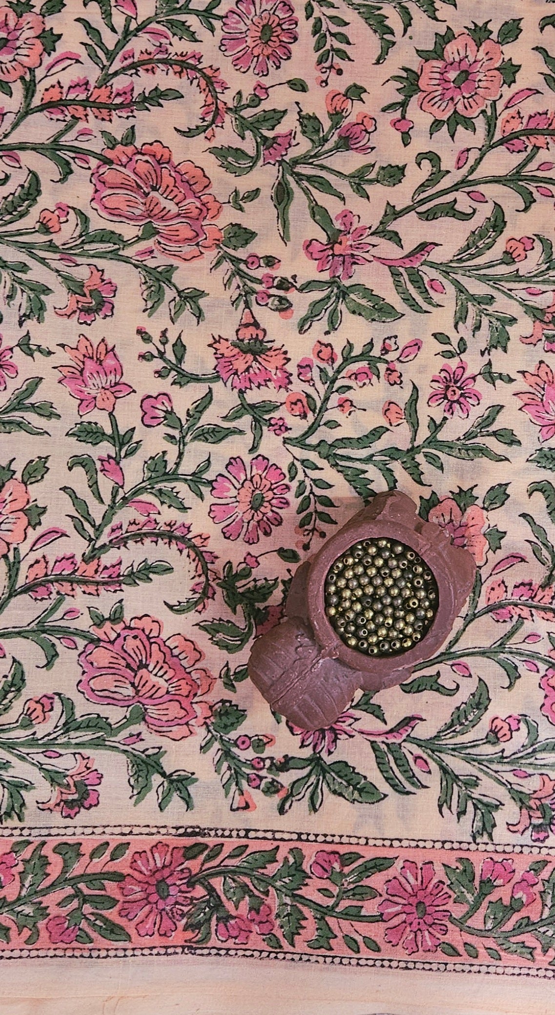 Peach'n'orange hand block print cotton suit with kota-doria dupatta