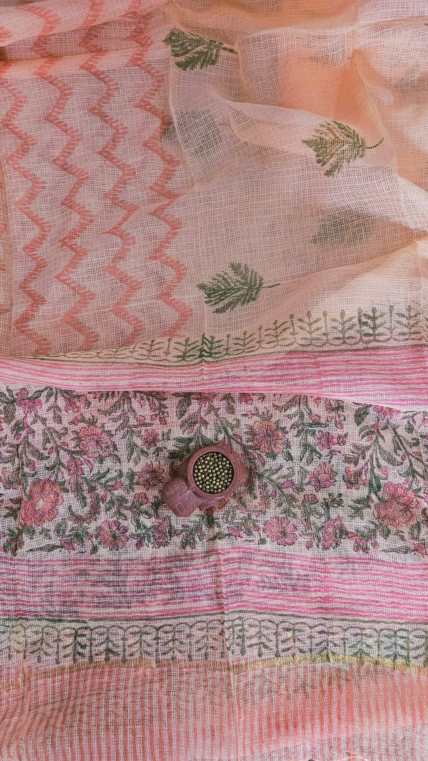 Peach'n'orange hand block print cotton suit with kota-doria dupatta