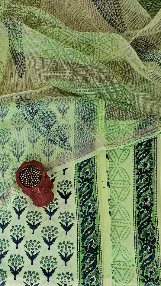 Green block print cotton suit with kota-doria dupatta