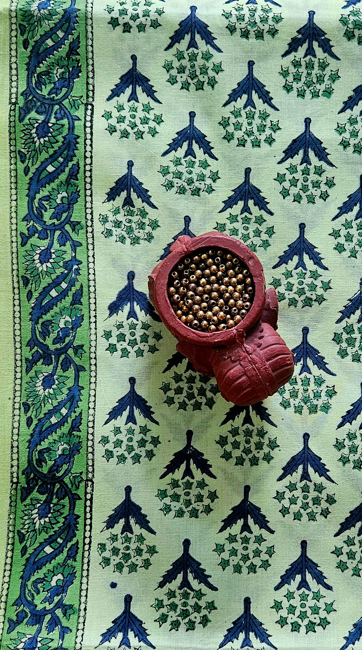 Green block print cotton suit with kota-doria dupatta