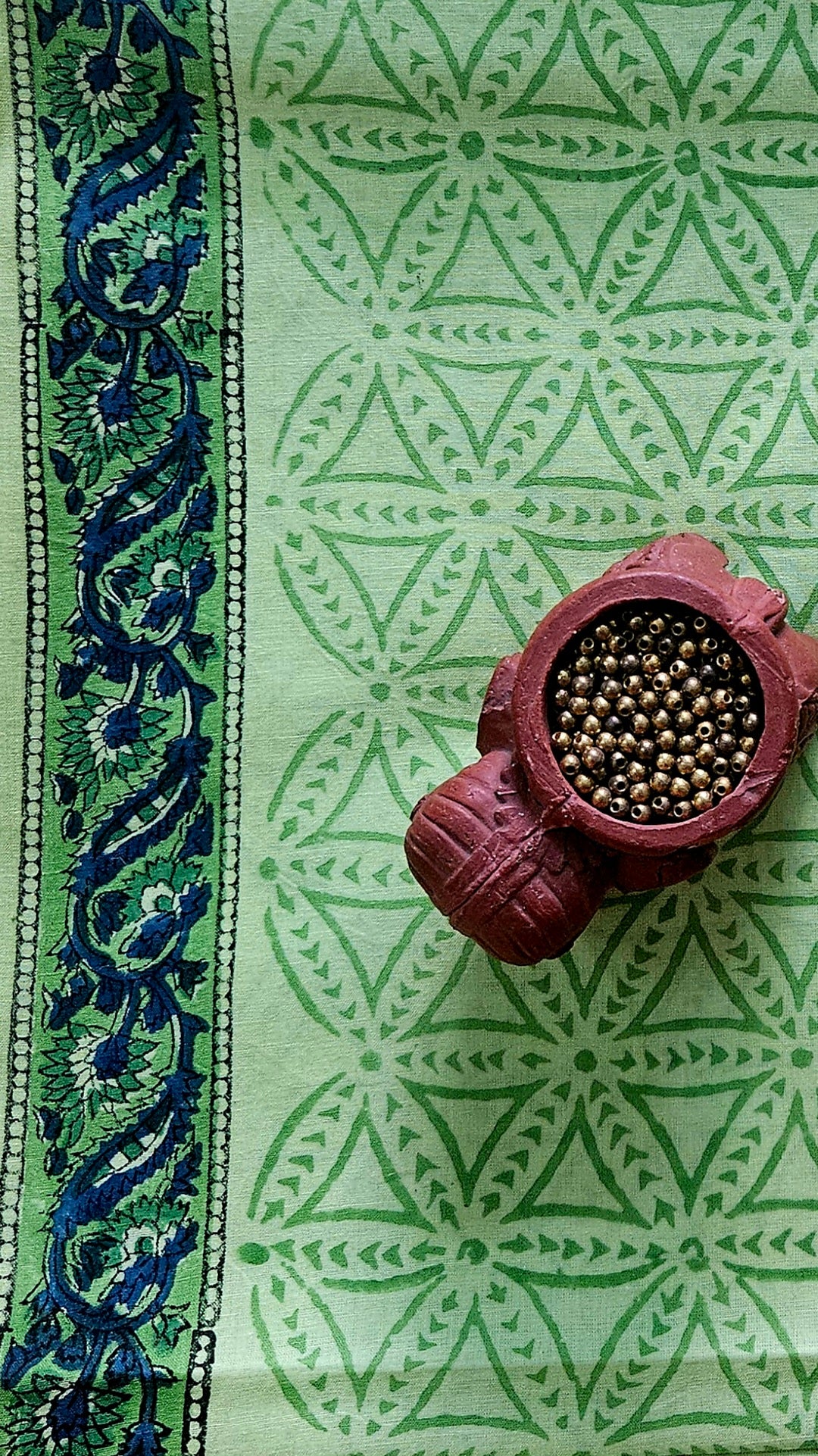 Green block print cotton suit with kota-doria dupatta