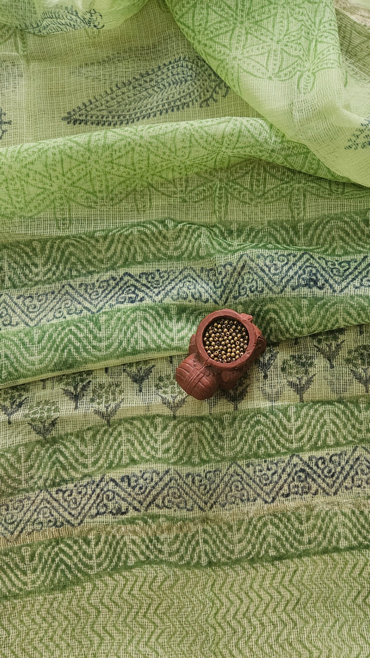 Green block print cotton suit with kota-doria dupatta