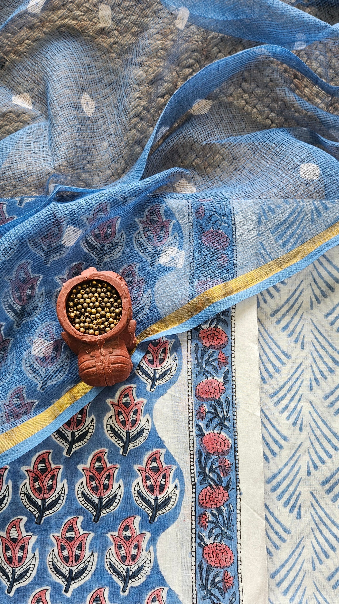 Blue'n'white hand block cotton suit with kota doria bandhani dupatta
