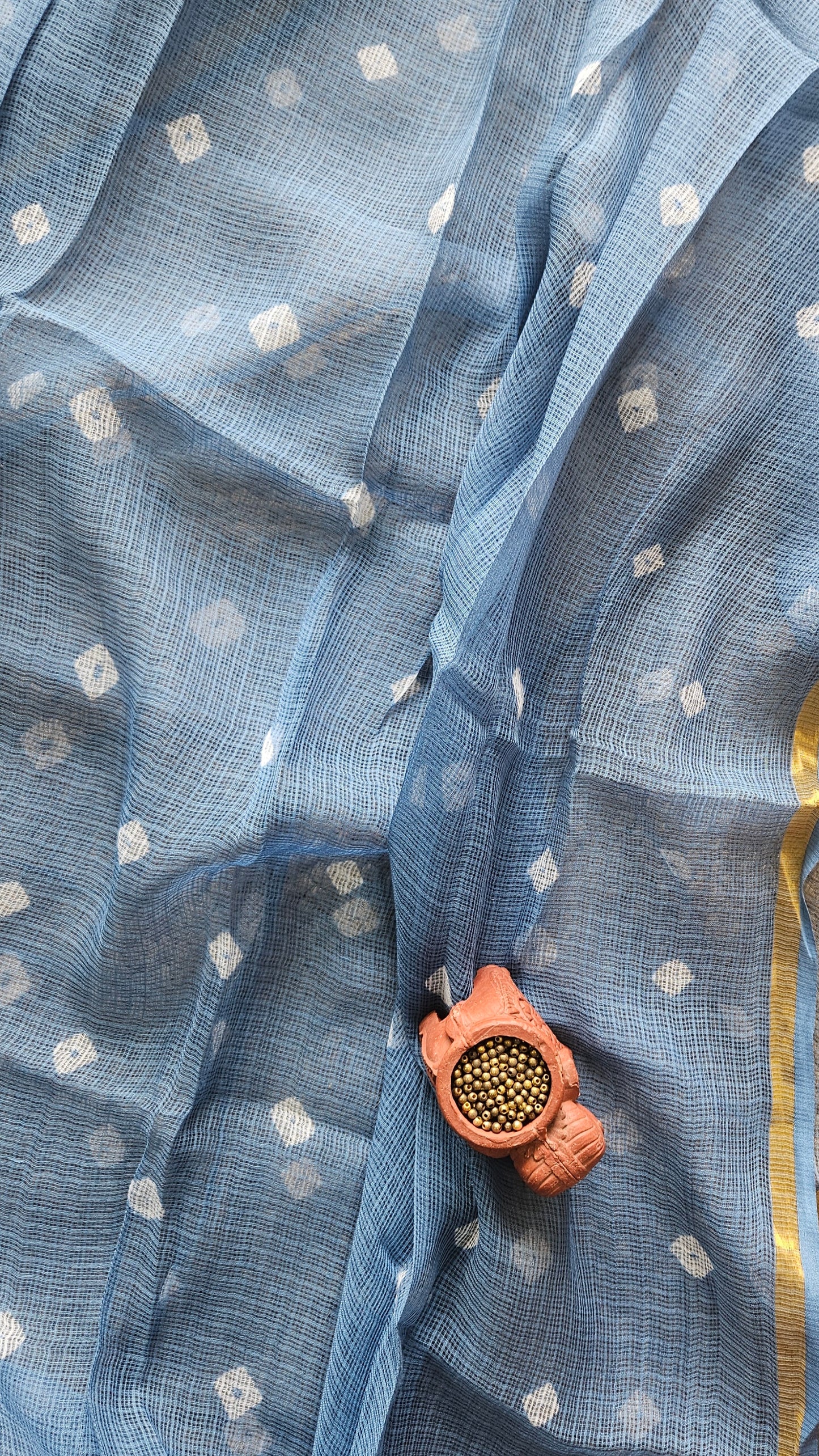 Blue'n'white hand block cotton suit with kota doria bandhani dupatta