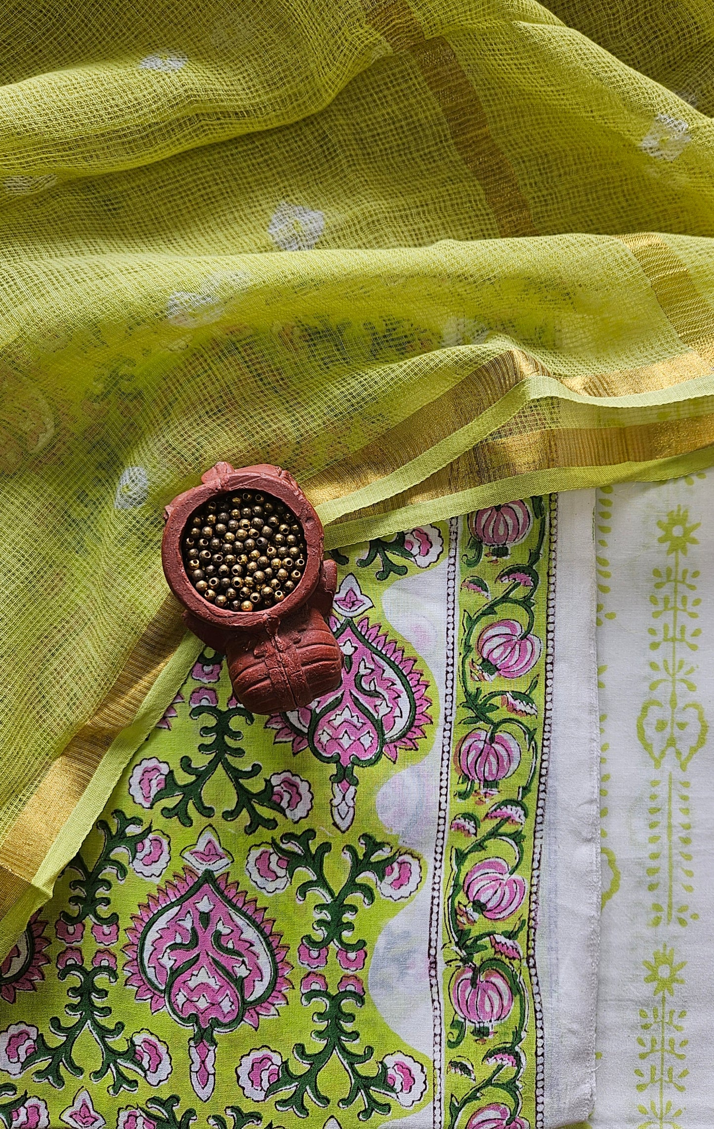 Green white'n'pink block print cotton suit with kota-doria dupatta