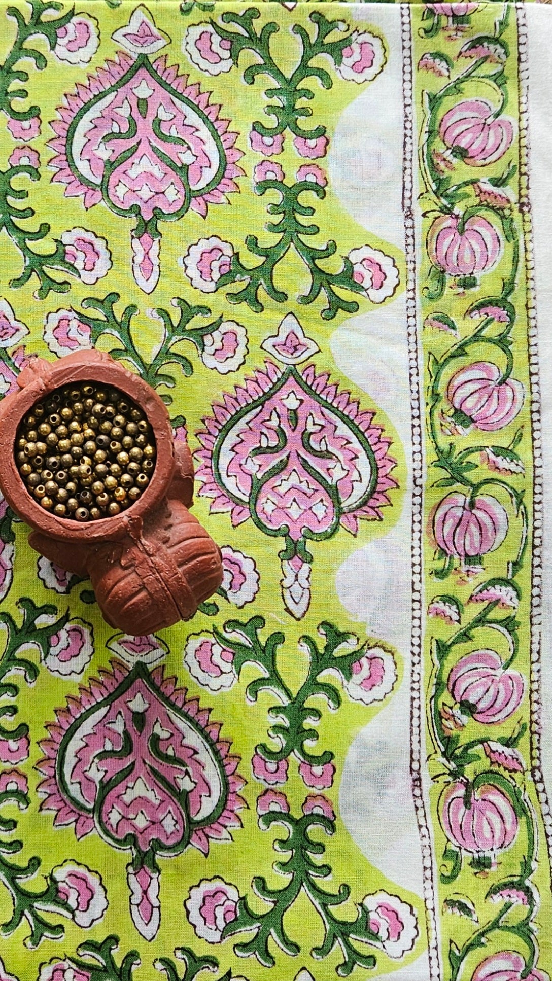 Green white'n'pink block print cotton suit with kota-doria dupatta