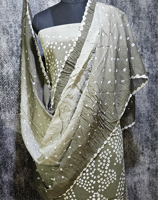 Grey bandhani cotton suit with mul cotton dupatta