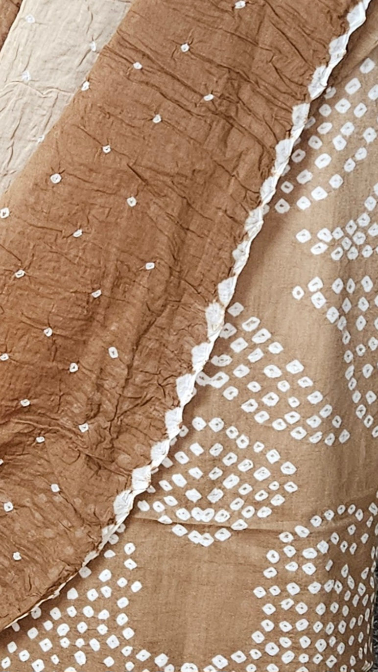 Brown bandhani cotton suit with mul cotton dupatta
