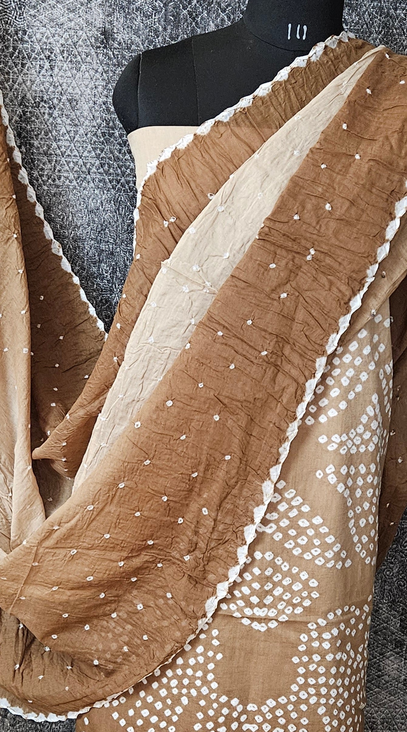 Brown bandhani cotton suit with mul cotton dupatta