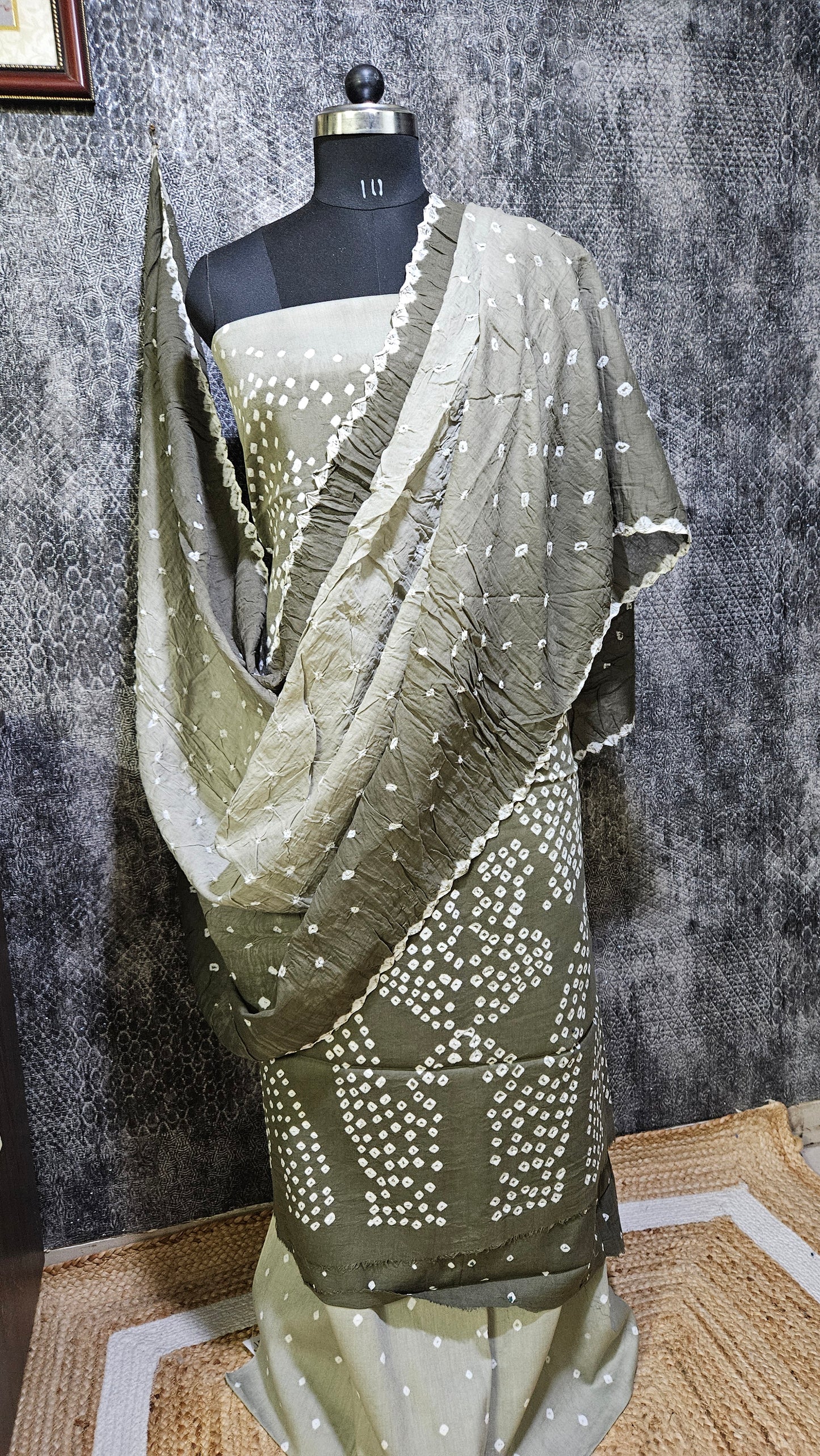 Grey bandhani cotton suit with mul cotton dupatta