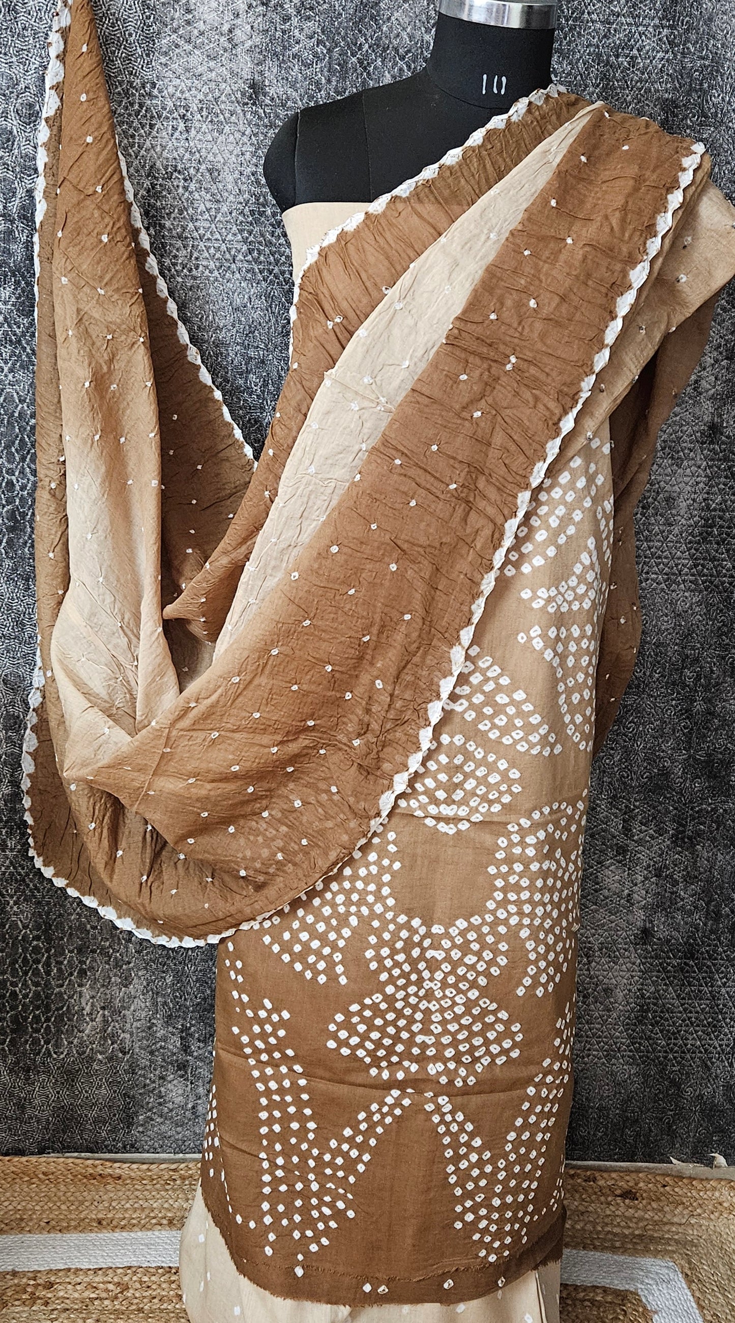Brown bandhani cotton suit with mul cotton dupatta