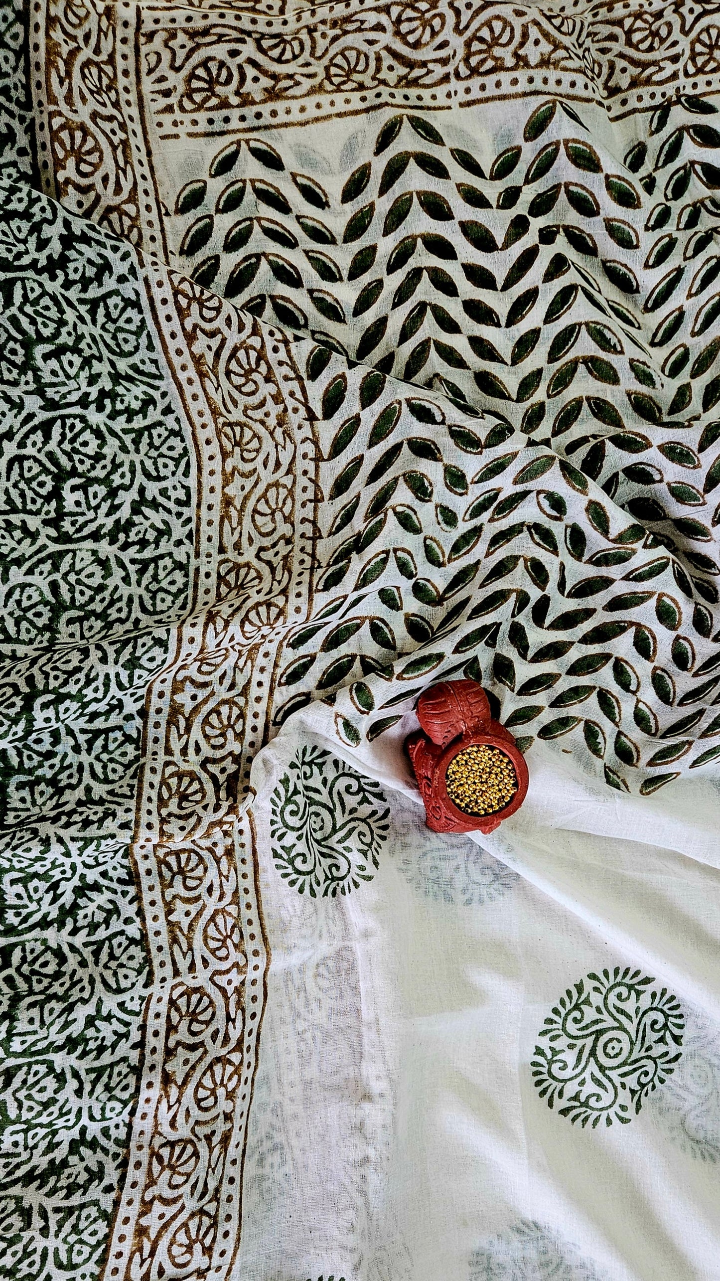 Green’n’mustard hand embroidered yoke Baroda print cotton suit