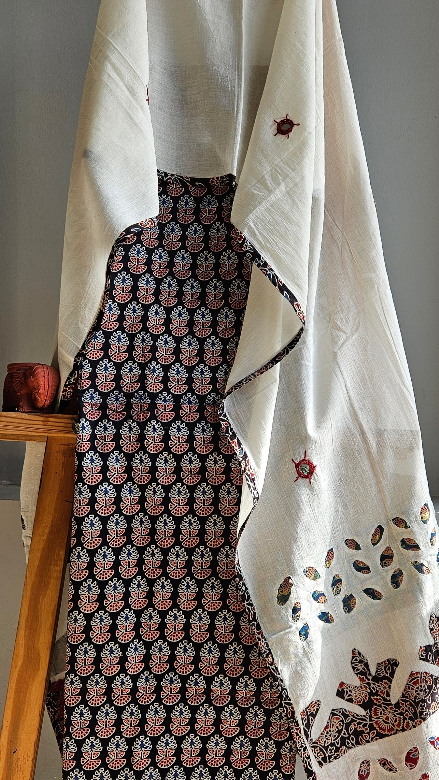 Black’n’off white ajrakh print cotton kurta dupatta set