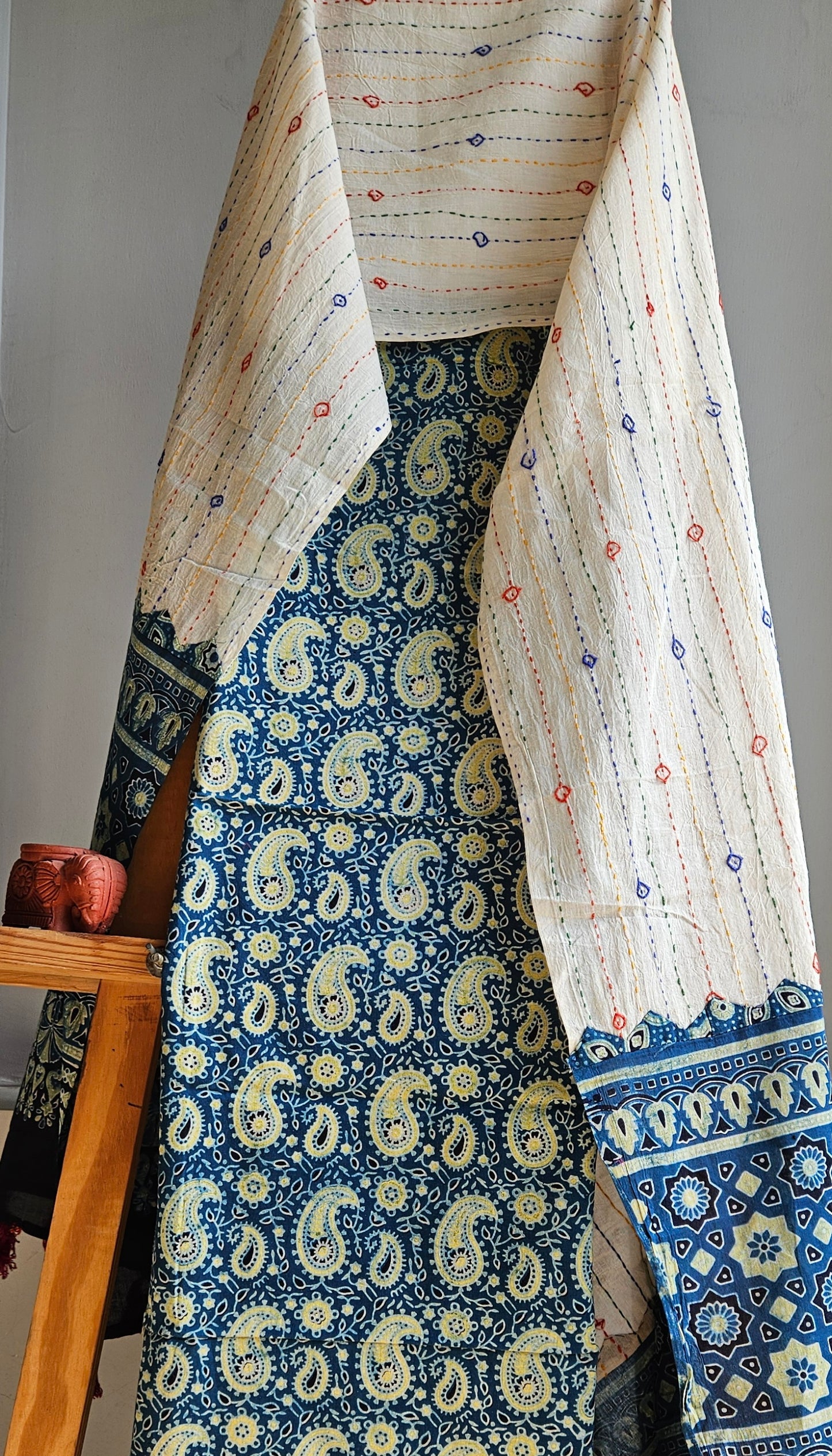 Blue’n’offwhite ajrakh print cotton kurta dupatta set