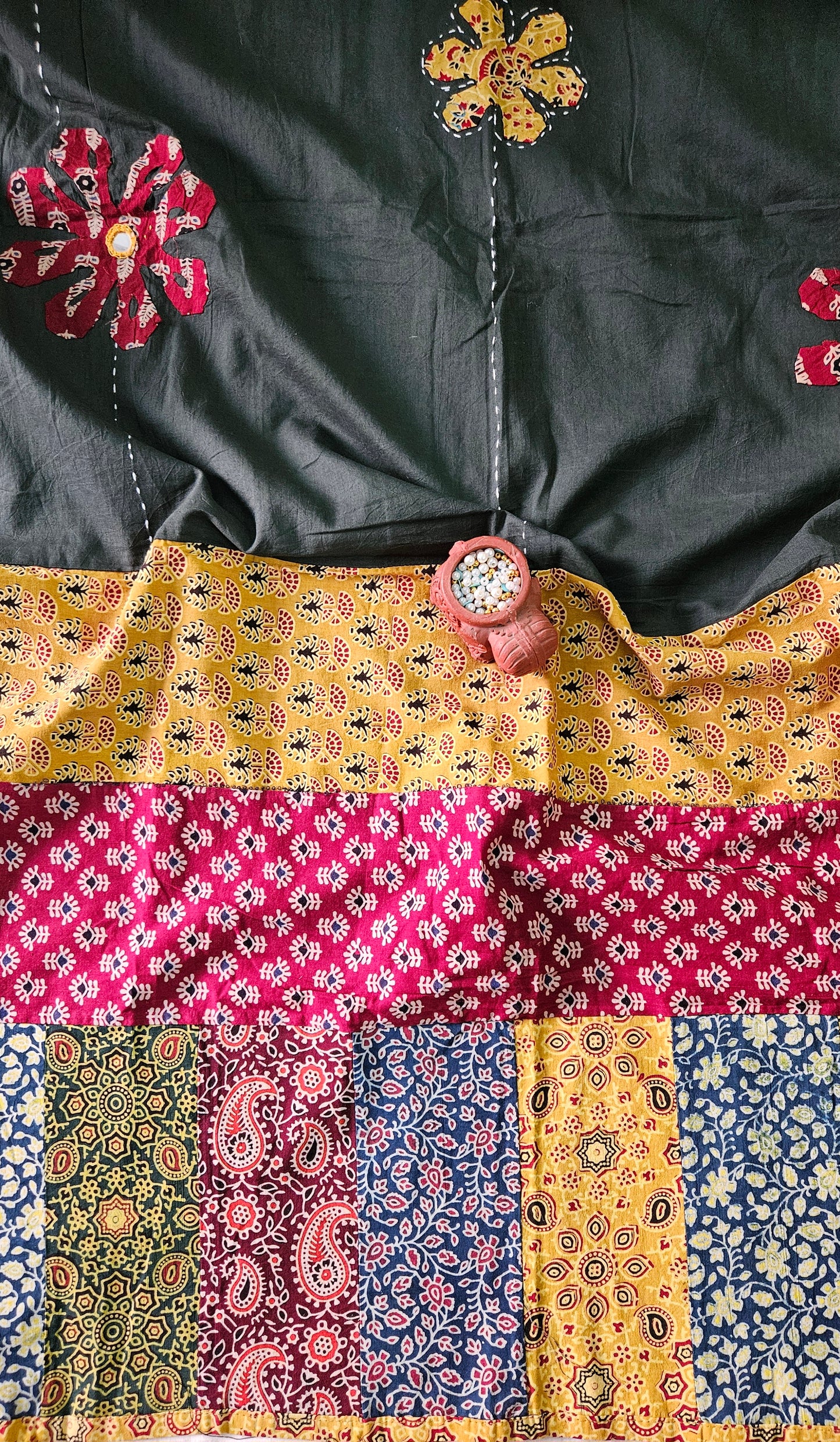 Mustard’n’green ajrakh print cotton kurta dupatta set